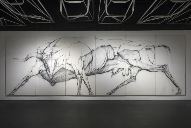 Jan Stussy: Untitled (large beast, six panels), c. 1975, charcoal on canvas, overall size: 8 x 24 feet, Woodbury University. At "The Human Beast: Art of Maxine Kim Stussy & Jan Stussy," at WUHO (6518 Hollywood Blvd., Los Angeles, CA 90028) through February 9.
