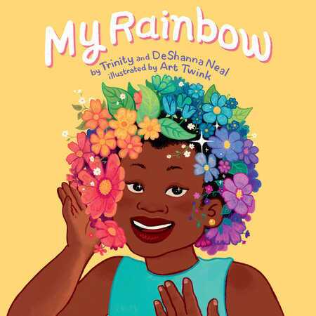 A Book cover feature a person with brown skin and a colorful rainbow of flowers as a wig.