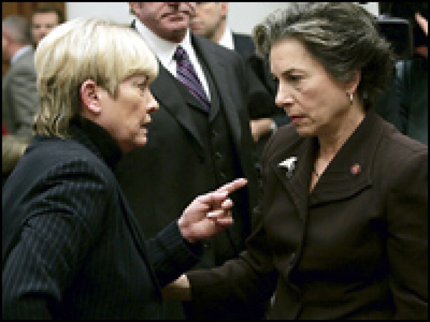 Kathryn Helvenston-Wettengel (left), mother of Blackwater employee Stephen Helvenston who was ambushed and killed on March 31, 2004, in Fallujah, talks to Rep. Janice Schakowsky (D-IL).