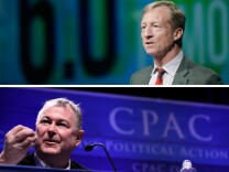 (Above) Tom Steyer introduces a panel during the National Clean Energy Summit 6.0 at the Mandalay Bay Convention Center on August 13, 2013 in Las Vegas, Nevada. (Below) 