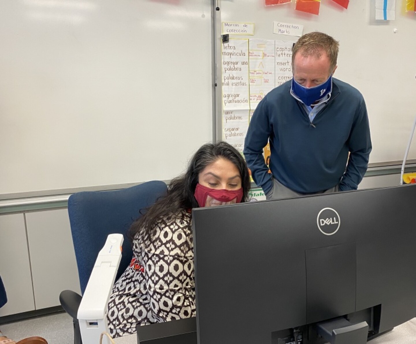 LAUSD Superintendent Austin Beutner (left) drops into John W. Mack Elementary School first grade teacher Leticia Duggan's lesson on Zoom on April 12, 2021 — one day before Duggan's students are set to return to school.