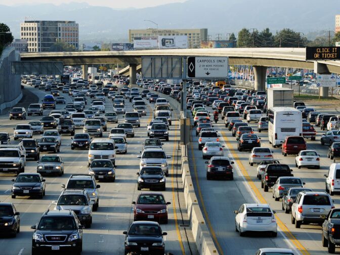 File: Traffic comes to a stand still on the northbound and the southbound lanes of the Interstate 405 freeway near Los Angeles International Airport.
