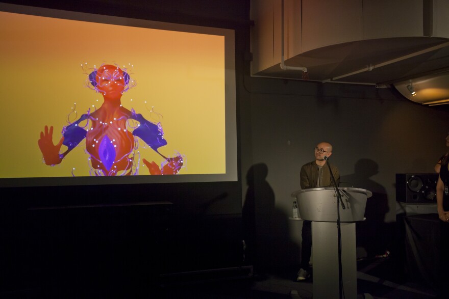 Andrew Thomas Huang speaks at the Björk Digital press preview on Friday, May 19, 2017.