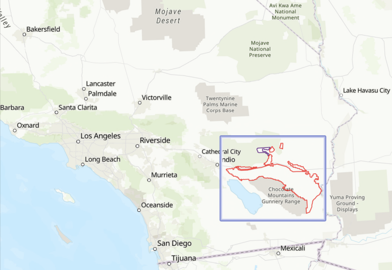 A map of Southern California has a box around a portion and an area highlighted in red