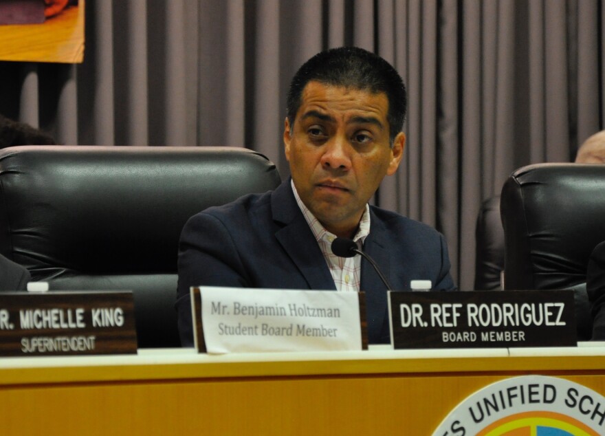 Los Angeles Unified School Board member Ref Rodriguez attends a meeting on Aug. 22, 2017.