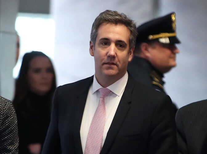 WASHINGTON, DC - FEBRUARY 26: Michael Cohen, former attorney and fixer for President Donald Trump, arrives at the Hart Senate Office Building before testifying to the Senate Intelligence Committee on Capitol Hill on February 26, 2019 in Washington, DC. Last year Cohen was sentenced to three years in prison and ordered to pay a $50,000 fine for tax evasion, making false statements to a financial institution, unlawful excessive campaign contributions and lying to Congress as part of special counsel Robert Mueller's investigation into Russian meddling in the 2016 presidential elections.  (Photo by Mark Wilson/Getty Images)