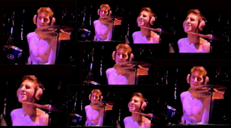 Photo collage of young man with his his shirt off playing the drums.