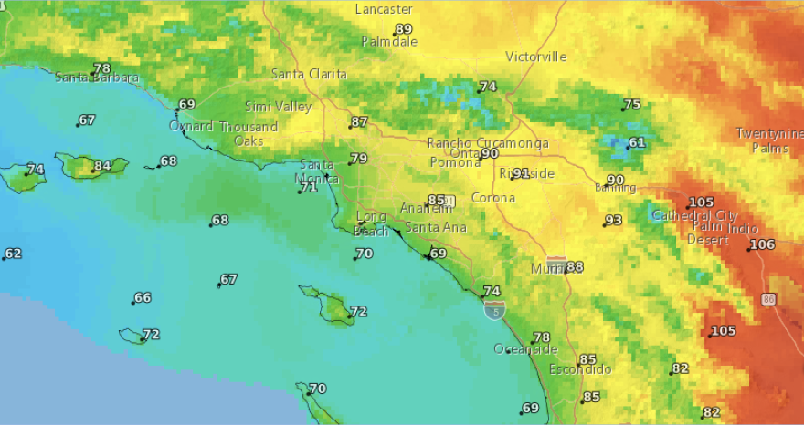 A geographical map of SoCal in shades of orange, yellow and green with white numbers over different cities.