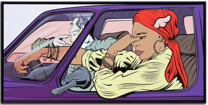 Two cartoon-like people in a purple car, looking aggravated