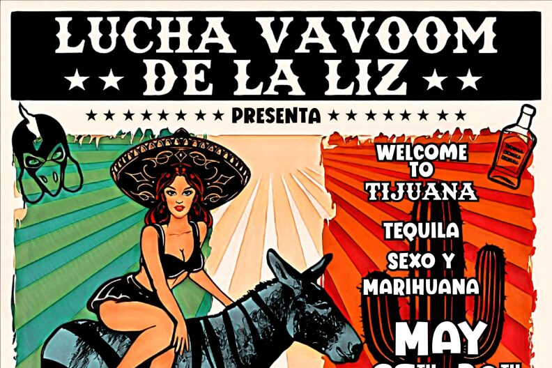A digital poster for Lucha VaVoom De La Liz's "Welcome To Tijuana" show. It features a drawing on a woman sitting on a donkey, wearing a sombrero.