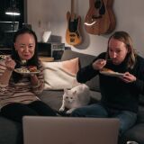 NEW YORK, NY - NOVEMBER 22: A couple celebrates Thanksgiving with friends by having dinner together over a Zoom video call on November 22, 2020 in New York City. As new COVID-19 cases continue to rise across America, many are forgoing holiday travel and traditional family gatherings out of concern for spreading the virus. (Photo by Scott Heins/Getty Images)