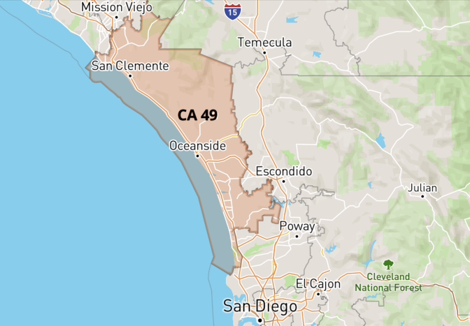 California's 49th congressional district spans coastal areas of San Diego and Orange Counties, from La Jolla to Dana Point.