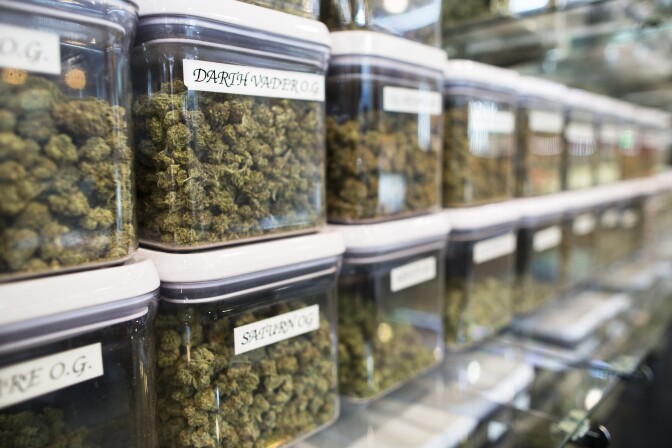 File: Kushmart, one of the largest medical marijuana dispensaries in downtown Los Angeles, on Monday afternoon, Feb. 29, 2016.