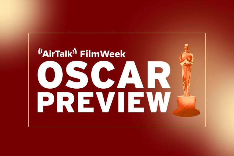 A rusty red promotional graphic showing an illustrated Oscar award trophy with the text "AirTalk FilmWeek Oscar Preview"