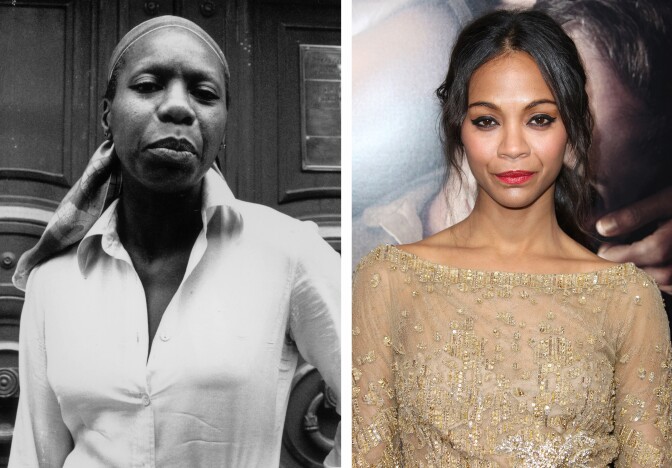 (FILE PHOTO) In this composite image a comparison has been made between Nina Simone (L) and actress Zoe Saldana.  Zoe Saldana will reportedly play Nina Simone in a film biopic by writer and director Cynthia Mort and executive producer Jimmy Lovine.  ***LEFT IMAGE*** 19th July 1978:  American jazz singer Nina Simone (1933 - 2003).  (Photo by John Minihan/Evening Standard/Getty Images) ***RIGHT IMAGE*** HOLLYWOOD, CA - SEPTEMBER 04:  Actress Zoe Saldana attends the Premiere Of CBS Films' "The Words" at the ArcLight Cinemas on September 4, 2012 in Hollywood, California.  (Photo by Frederick M. Brown/Getty Images)
