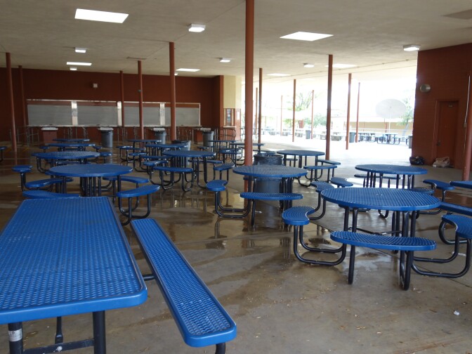 This lunch shelter is attached to the tilt-up construction multipurpose room at Olive Vista Middle School and is to the torn down and replaced as part of a $41 million program of seismic upgrades on campus.