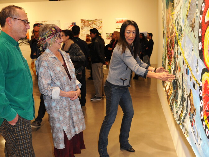 (L-R) Artist Benjamin Weissman, Museum Director Elsa Longhauser and Artist Yutaka Sone attend the Santa Monica Museum of Art for the opening reception of Yutaka Sone And Benjamin Weissman's Exhibition "What Every Snowflake Knows In Its Heart"on Nov. 20, 2013 in Santa Monica.