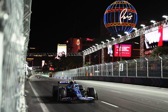Pierre Gasly of France driving the (10) Alpine F1 A523 Renault on track during the F1 Grand Prix of Las Vegas at Las Vegas Strip Circuit in Las Vegas, Nevada.
