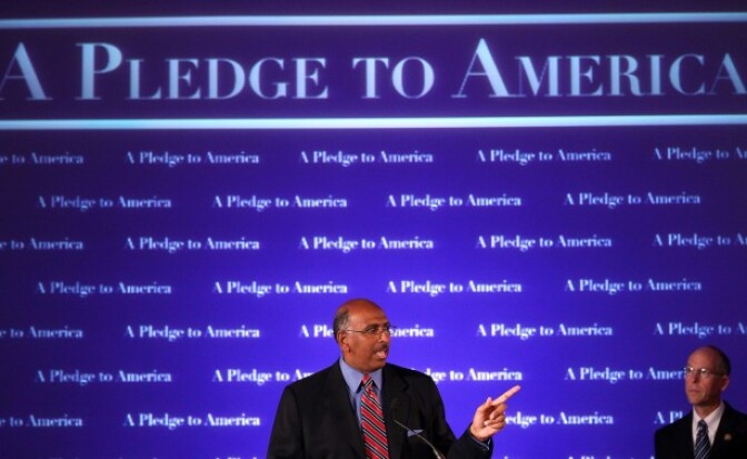  Republican National Committee Chairman Michael Steele (L) speaks at the Republican National Congressional Committee's midterm election results watch party with Rep. Greg Walden (R-OR) (R) at the Grand Hyatt hotel November 2, 2010 in Washington, DC. Most polling conducted ahead of today's elections point to a change in power in the House, where Republicans could win the 39 seats they need to take control of the chamber. 