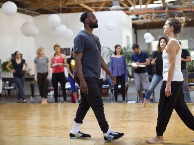 Baron Davis, left, and Bertie take part in a beat exercise during the final day of her three-day filmmaking lab inside her Hollywood studio on Sunday, May 3, 2015.