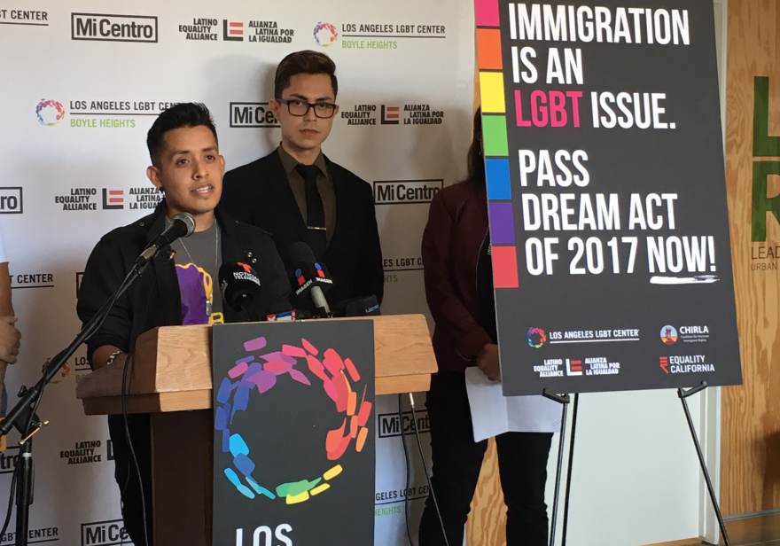 Deferred Action for Childhood Arrivals recipients Alberto Donjuan, left, and Luis F. Gomez speak to reporters on Dec. 4, 2017 at Mi Centro, an LGBT community service center in Boyle Heights.