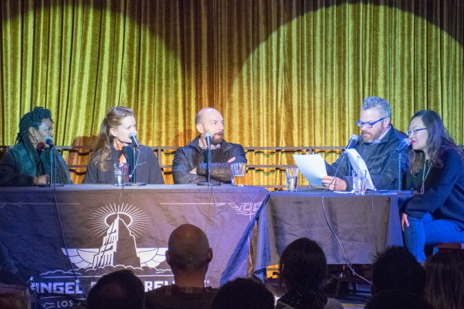 Three panelist participate in a live taping of the podcast "Go Fact Yourself" with hosts J. Keith van Straaten and Helen Hong (at right).
