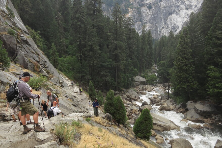 Visitors hike the Vernal Fall trail in Yosemite National Park, California. Yosemite is among California's biggest tourist destinaitons.