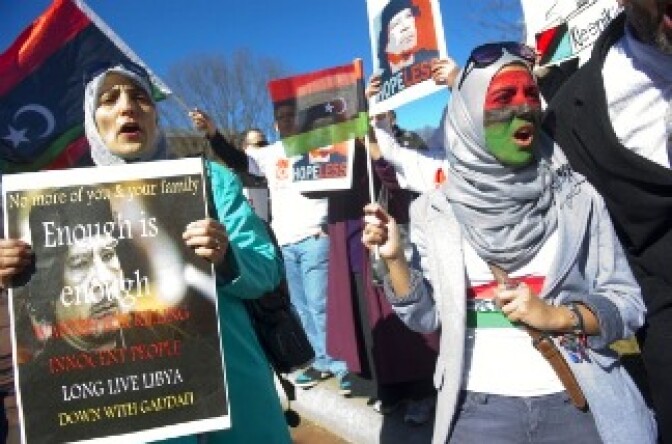 Demonstrators supporting the people of Libya protest against the Libyan government in Lafayatte Park in front of the White House in Washington, DC, February 19, 2011. 