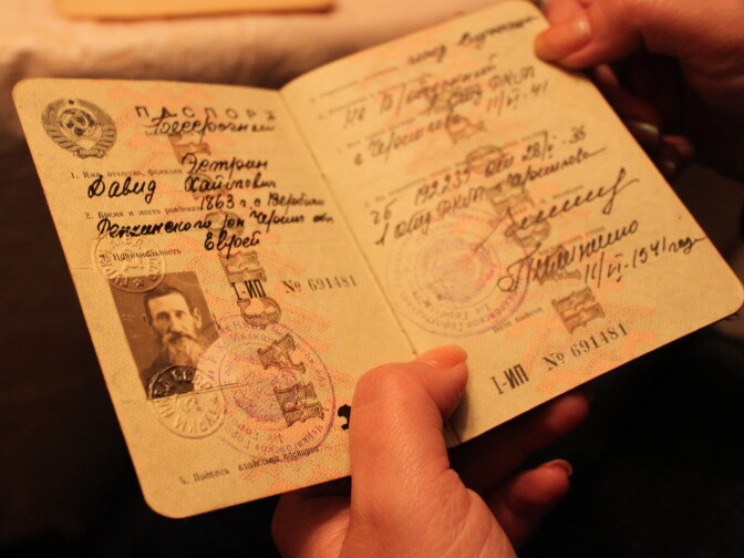 Lusia Kuznetsova, 81, has preserved the old Soviet photo ID of David Estrin, born in 1863. He was the great-great-grandfather of NPR's Daniel Estrin.