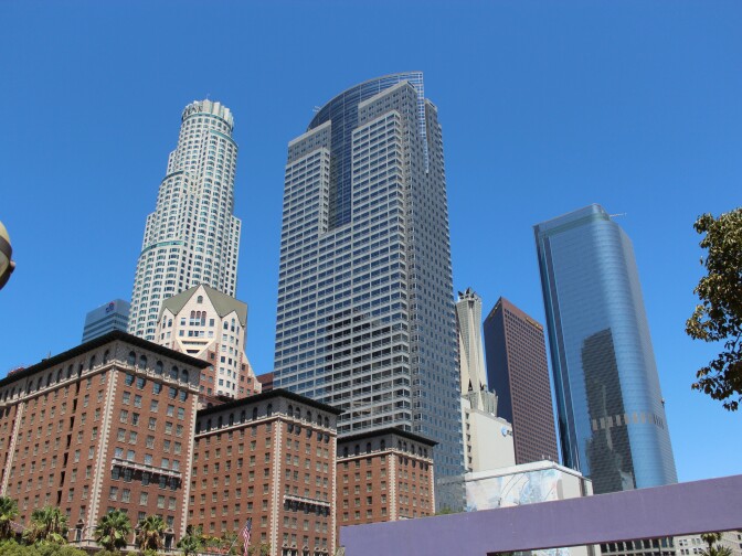 The view of Downtown Los Angeles from Pershing Square.
