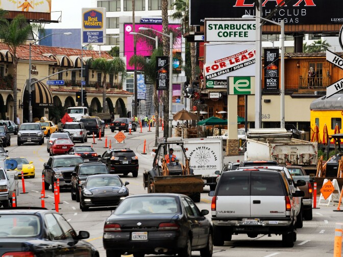 WEST HOLLYWOOD, CA - JANUARY 29: The morning rush hour traffic crawls through Sunset Boulevard where work has began on the $7 million facelift after more than 75 years of use on January 29, 2010 in West Hollywood, California. The project is expected to last six months. The City of West Hollywood received one million dollars in federal funds from the Federal American Reinvestment and Recovery Act for the Sunset Strip Beautification Project. (Photo by Kevork Djansezian/Getty Images)