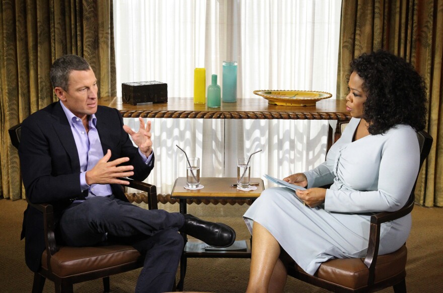 AUSTIN, TX - JANUARY 14:  In this handout photo provided by the Oprah Winfrey Network, Oprah Winfrey (R) speaks with Lance Armstrong during an interview regarding the controversy surrounding his cycling career January 14, 2013 in Austin, Texas.  Oprah Winfrey’s exclusive no-holds-barred interview with Lance Armstrong, "Oprah and Lance Armstrong: The Worldwide Exclusive," has expanded to air as a two-night event on OWN: Oprah Winfrey Network.  The special episode of "Oprah’s Next Chapter" will air Thursday, January 17 from 9-10:30 p.m. ET/PT (as previously announced) and Friday, January 18 at 9 p.m. ET/PT. The interview will be simultaneously streamed LIVE worldwide both nights on Oprah.com.  (Photo by George Burns/Oprah Winfrey Network via Getty Images)