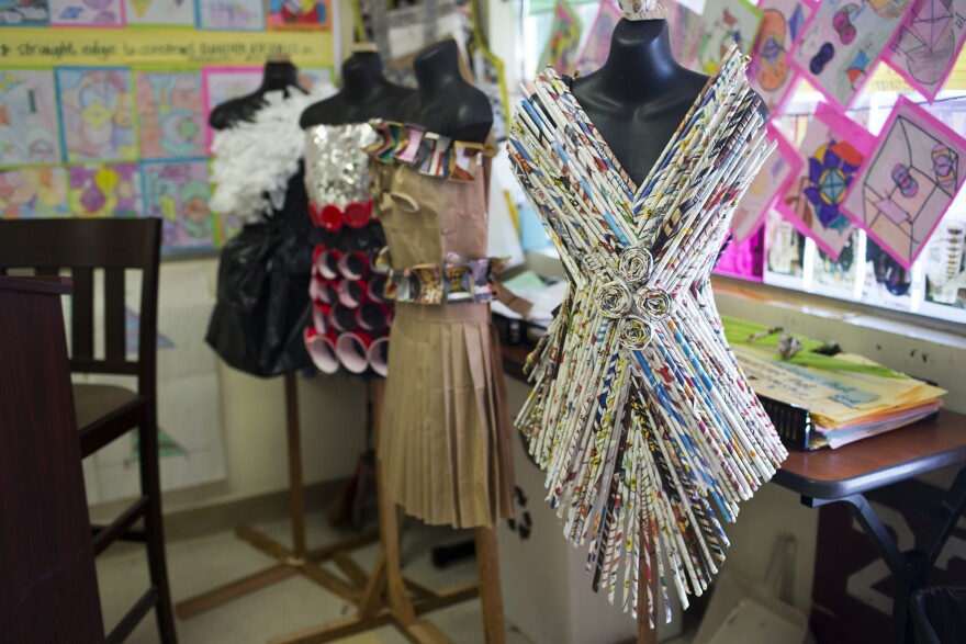 Students, teachers and administrators wore the dresses during a fashion show in May. Teacher Ding-ay Tadena asked her students to use recycled materials for the dresses.