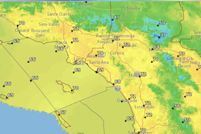 A satellite map shows daytime highs in the greater Los Angeles Area