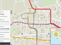 Map detailing the LA subway system and three proposed routes north of Expo/Crenshaw to Hollywood. 