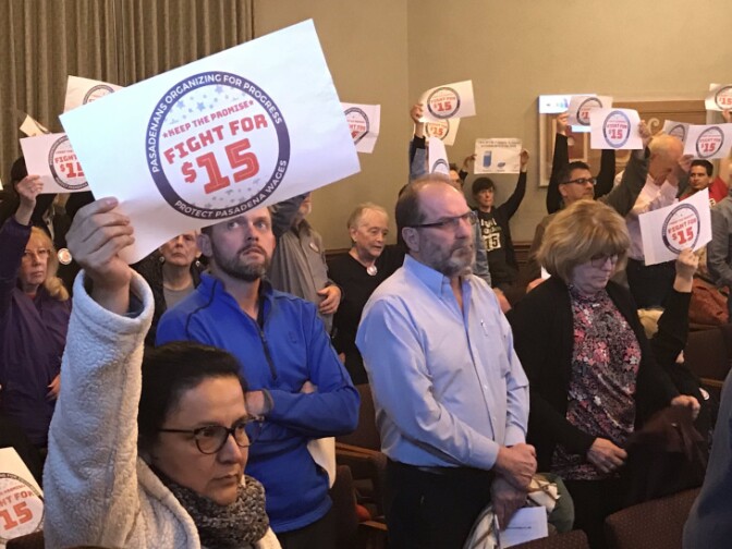 Supporters of raising Pasadena's minimum wage turned out for a Monday vote on the issue at City Hall. (David Wagner/KPCC)
