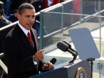 President Barack Obama gives his inaugural address during his inauguration as the 44th President of the United States of America on the West Front of the Capitol Jan. 20, 2009 in Washington, DC.