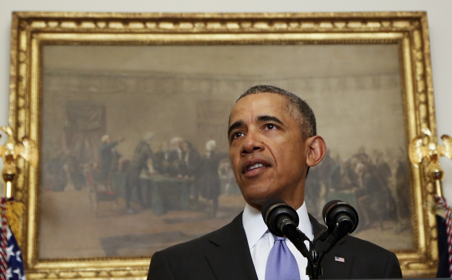 WASHINGTON, DC - JANUARY 17:  (AFP OUT) U.S. President Barack Obama delivers a statement on the relations between US and Iran, including the release of the US hostages that were held in Iran, in the cabinet room of the White House on January 17, 2016 in Washington, DC. Obama praised the implementation of a completed nuclear agreement with Iran and the return of five American prisoners that the country was holding resulting in a lifting of economic sanctions. (Photo byAude Guerrucci-Pool/Getty Images)