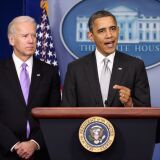 U.S. President Barack Obama (R) announces the creation of an interagency task force for guns as Vice President Joseph Biden listens in the Brady Press Briefing Room at the White House on December 19, 2012 in Washington, DC. President Obama announced that he is making an administration-wide effort to solve gun violence and has tapped Vice President Joe Biden to lead an interagency task force in the wake of the Sandy Hook Elementary School shooting in Newtown, Connecticut.   