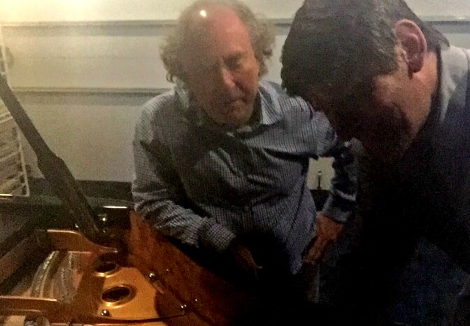 How flawless is Jeffrey Kahane's Fazioli grand piano? This is Maestro Kahane and Off-Ramp host John Rabe reflected on the finish of the inside of the piano's lid. 