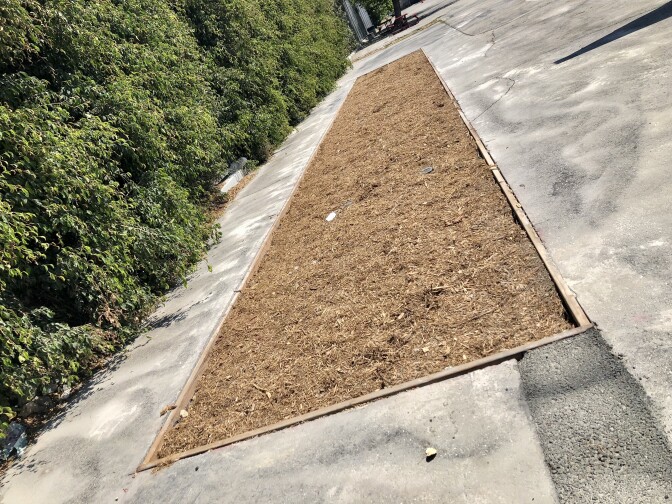 A roughly six foot by 40 foot patch on the ground is covered with wood chips. It's surrounded by concrete. It's on a school playground. 