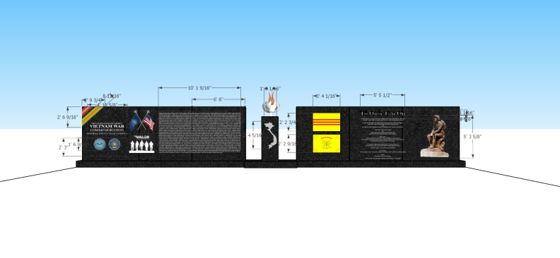 A mockup showing two long, black walls with a torch between them. The art on the wall includes the South Vietnamese flag, American flag, a dedication and a block full of names.