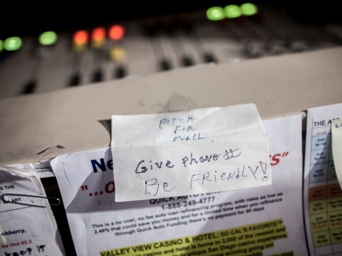 Art Laboe keeps notes and reminders on his DJ booth. Laboe has been broadcasting out of Hollywood since 1955.