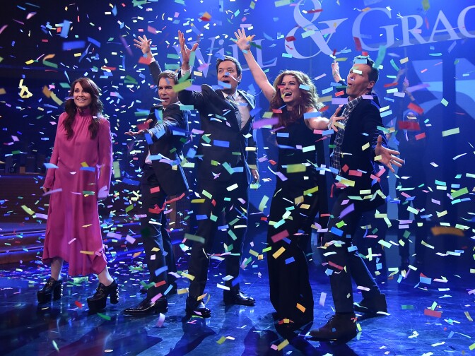 Megan Mullally, Eric McCormack, Debra Messing and Sean Hayes of "Will & Grace" visit "The Tonight Show Starring Jimmy Fallon" on September 22, 2017.