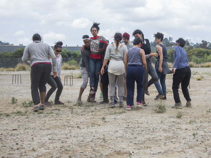 Taisha Paggett's WXPT dance group rehearses 'Evereachmore' along the banks of the LA River as part of Clockshop's Bowtie Project. 