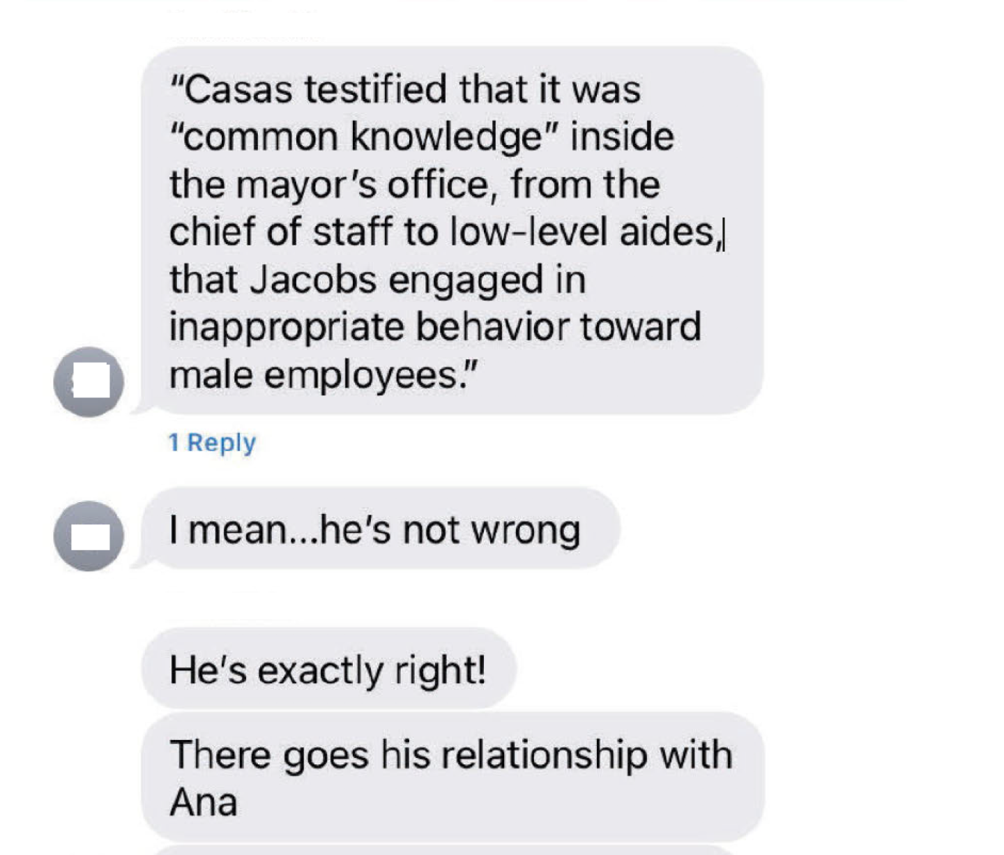 A text conversation between some current and former Garcetti staff where they discuss an L.A. Times article about the Rick Jacobs case.