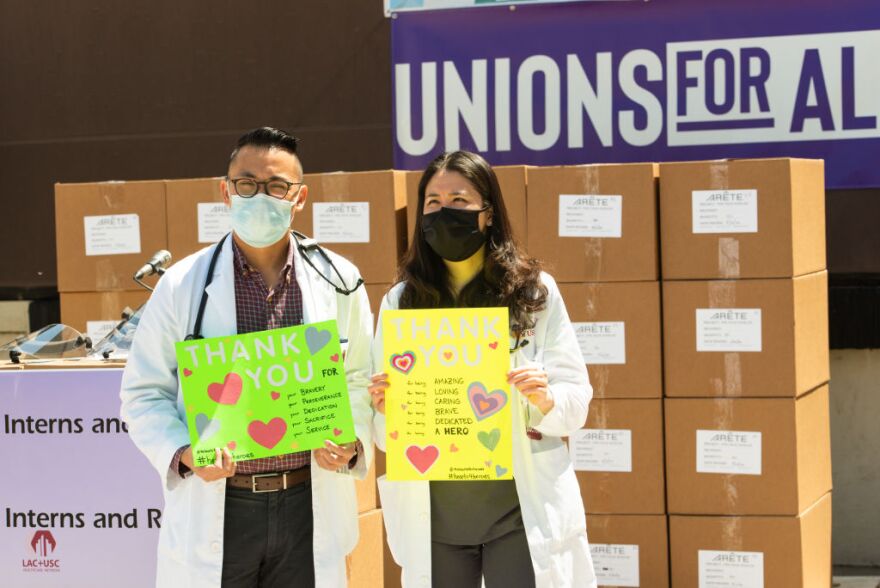 LOS ANGELES, CALIFORNIA - APRIL 14: Dr. Chris Vo and medical support staff attend a press conference for the first shipment of 3,000 L.A. produced face shields at LA County + USC Medical Center on April 14, 2020 in Los Angeles, California. (Photo by Presley Ann/Getty Images for Emergency Supply Donor Group)