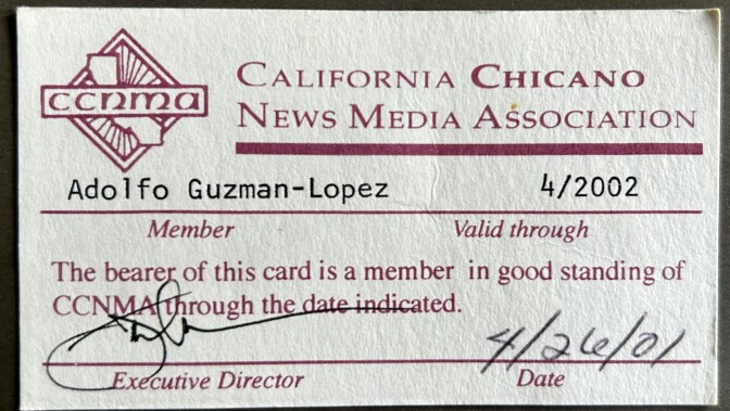 Adolfo Guzman-Lopez's 2001 membership card for Latino journalist group