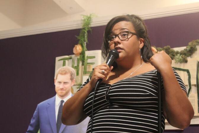 Los Angeles comedian Madison Shepard performs a stand-up set at Culver City romantic bookstore The Ripped Bodice, Aug. 15, 2019.