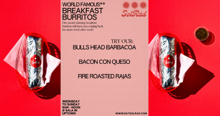 A collage of images shows two identical photos on the right and left sides with two burritos wrapped in aluminum foil and a red circular sticker with white lettering in the center. Each burrito sits in a white napkin inside of a red plastic to-go basket.